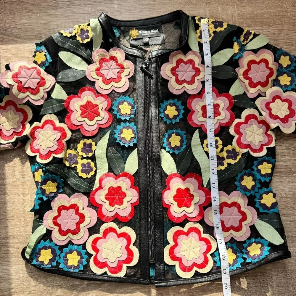 Dakota West Short Art Deco Leather Jacket Black Floral Medium